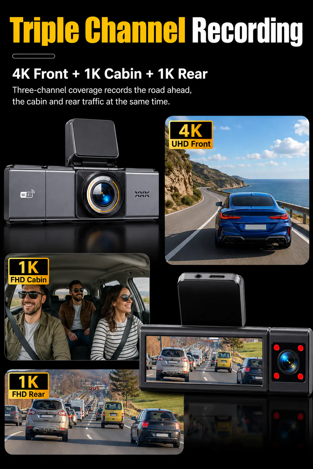 MXC-847 car dash cam with front 4K cabin 1K and rear 1K recording