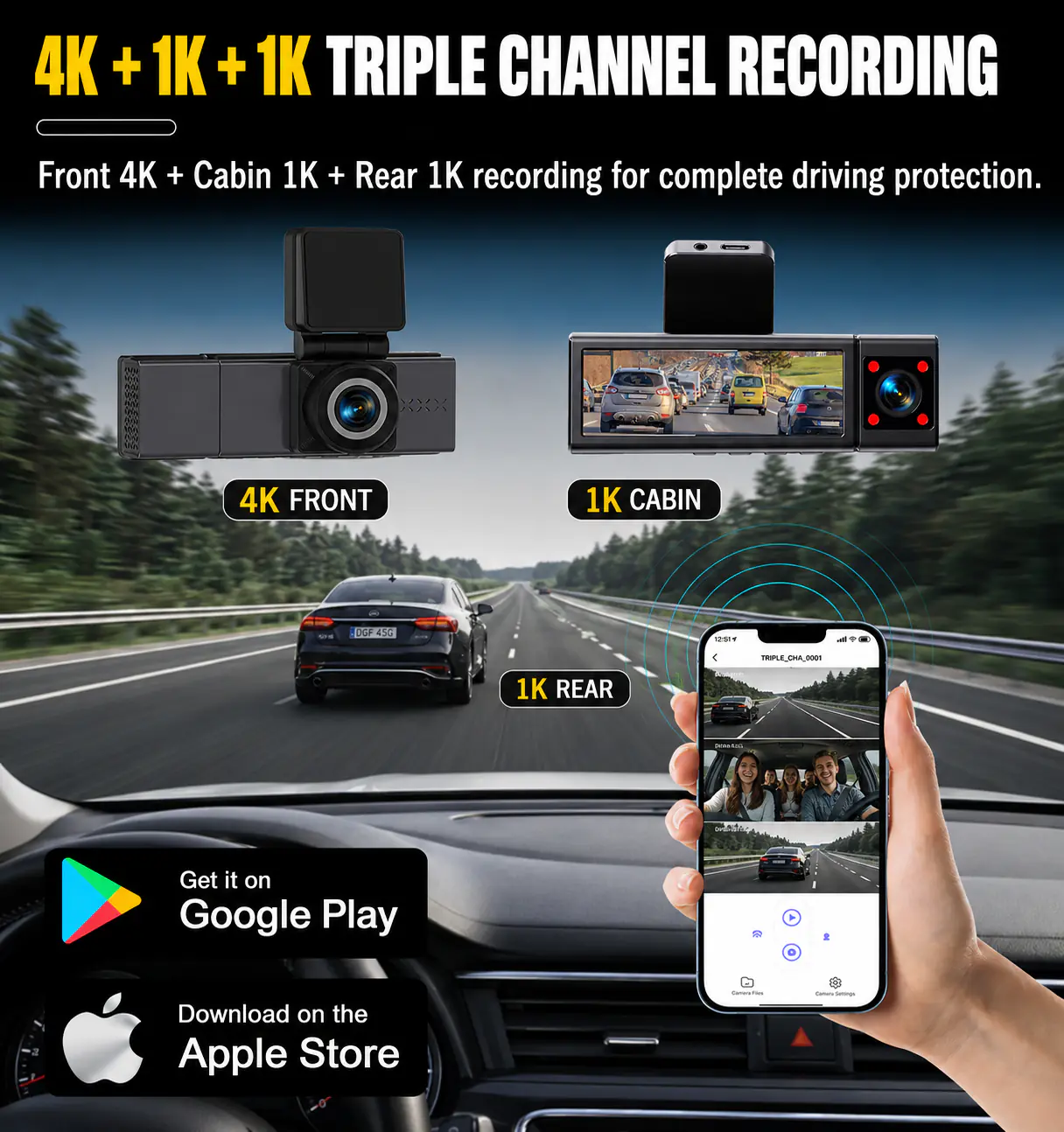 MXC-847 triple channel dash cam with 2.4GHz Wi-Fi and mobile app control